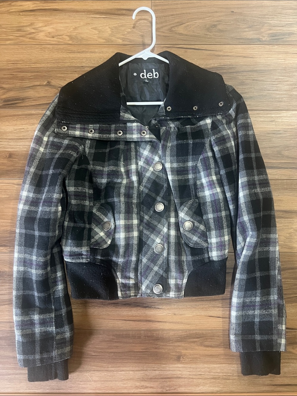 deb Black, Gray & Purple Plaid Cropped Bomber Jacket